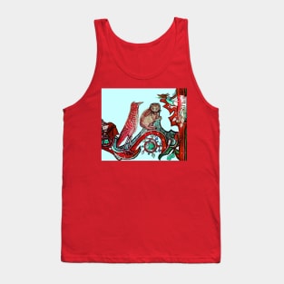 WEIRD MEDEVAL BESTIARY, CAT AND CUCKOO BIRD IN RED GREEN Tank Top